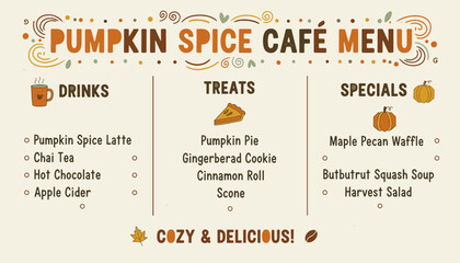 Cozy pumpkin spice cafe menu featuring fall drinks treats and specials Perfect for autumn marketing
