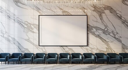 Modern presentation room with sleek chairs and projector screen on marble wall