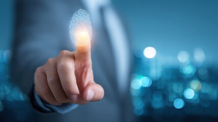 A business professional touches a digital fingerprint scanner showcasing the importance of biometric security. The city skyline is visible in the background illuminated by lights.