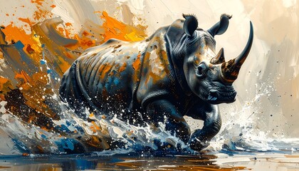 Powerful rhino in motion, splashed with vibrant paint