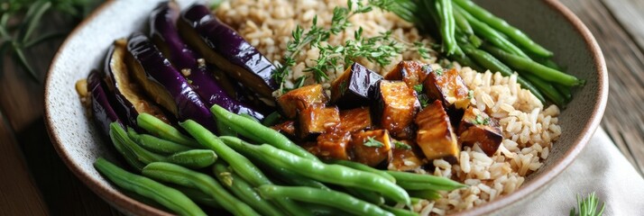 Healthy rice bowl with roasted eggplant and green beans served on a rustic wooden table garnished with fresh herbs