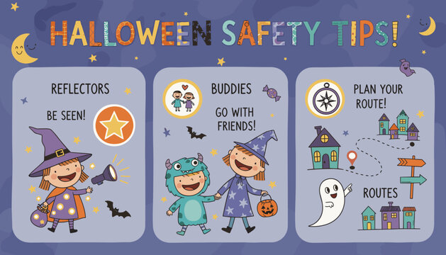 Childrens Halloween safety tips illustration reflectors buddies route planning for trickortreating