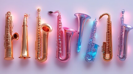 Colorful saxophones on pink background