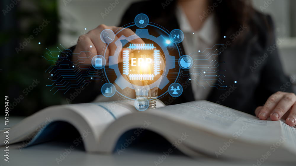 Poster enterprise resource planning (erp) system for business process management. this erp software solutio