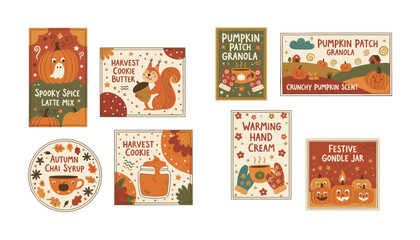 Autumnal labels with pumpkins squirrels and leaves Perfect for seasonal branding food or cozy products