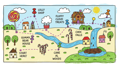 Whimsical crayon map of a sweet candy land journey perfect for childrens stories and games