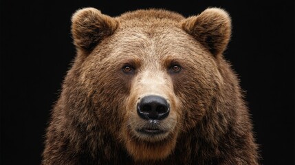 Obraz premium A grizzly bear stands still displaying its prominent facial features and intense gaze. The dark background accentuates its fur texture and powerful presence.