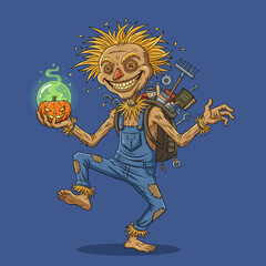Smiling scarecrow with magical pumpkin and toolfilled backpack ready for Halloween fun