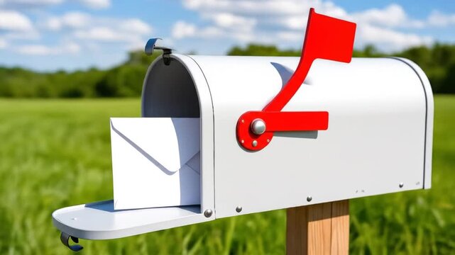 A light gray metal mailbox with a white envelope inside, situated outdoors on a grassy field.  A red flag is on top