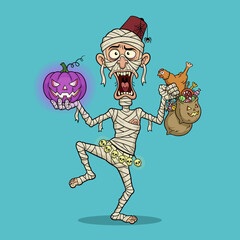 Naklejka premium Cartoon mummy celebrating Halloween with glowing pumpkin and trickortreat candy bag