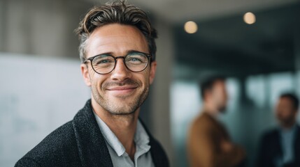 A man with glasses and a friendly smile engages in conversation in a modern office environment. Other coworkers are visible contributing to the lively discussion.