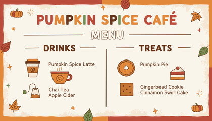 Cozy fall Pumpkin Spice Cafe menu featuring seasonal drinks and treats perfect for autumn
