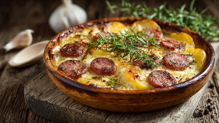 Savory baked potato gratin with sliced sausage and fresh rosemary garnish