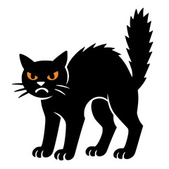 Obraz premium Angry black cat cartoon with arched back and orange eyes Keywords: Angry black cat cartoon with arched back and orange eyes 