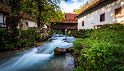 Picturesque mountain stream flowing past traditional houses
