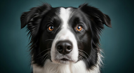 Close-up of black and white border collie face, showing fur texture and amber eyes, against teal background, showcasing loyalty, alertness and companionship