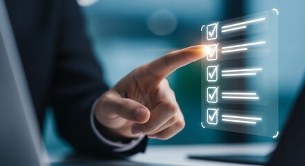 Business professional confidently checking off tasks on a futuristic digital checklist interface for success