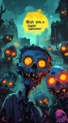 Spooky Happy Halloween Greeting with Cartoon Zombies with Copy. Creepy Undead Characters in Night Graveyard Scene with text, Perfect for Horror Party Posters, Invitations, Stickers.