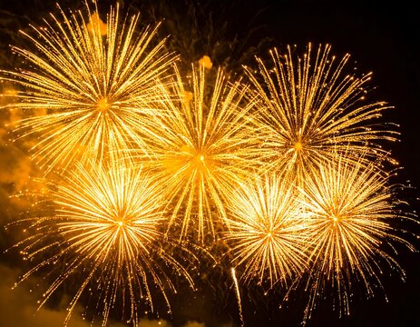 Golden fireworks exploding in the night sky