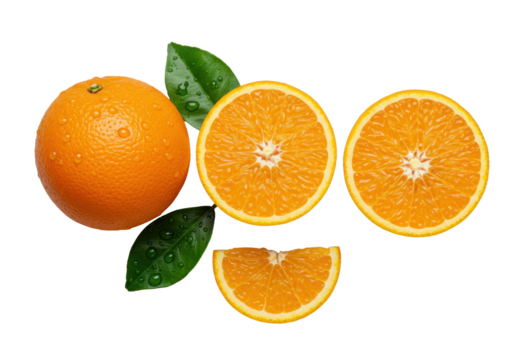Pristine whole, halved, and quarter oranges with vibrant green leaves and glistening water droplets, isolated on a transparent background, artfully composed, concept of natural freshness and quality