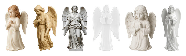 Obraz premium Angel statues set including classical, childlike, and minimalist figures isolated. Spiritual, religious, and decorative collection.