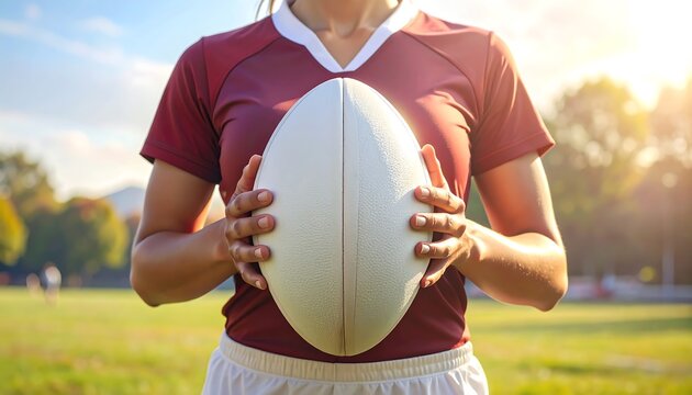 Female rugby player holding a rugby ball outdoors