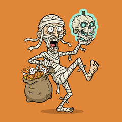 Cartoon mummy with glowing skull and trickortreat bag for Halloween celebration