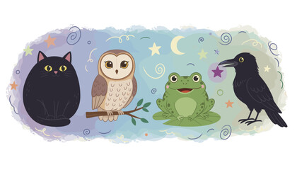 Cute magical animal friends black cat owl frog and crow under a starry sky Whimsical illustration