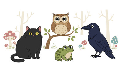 Cute woodland animals illustration owl cat frog crow in a charming enchanting forest scene