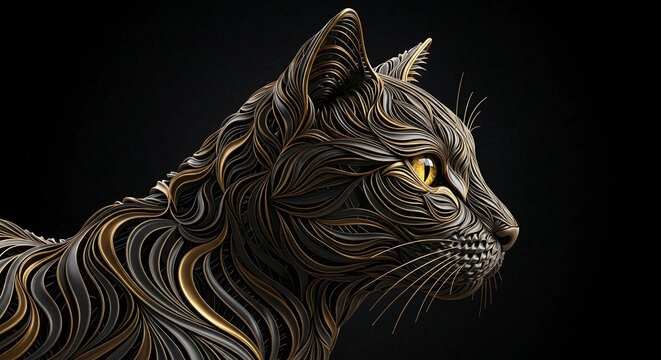 Abstract metallic cat profile, black and gold swirls forming fur texture, elegant and stylized design, showcasing luxury and artistry, ideal for dark background - Powered by Adobe
