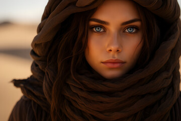 Mysterious Desert Beauty A Woman in a Brown Scarf with Stunning Blue Eyes