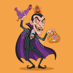 Playful cartoon vampire holding a chicken and pumpkins ready for Halloween festivities