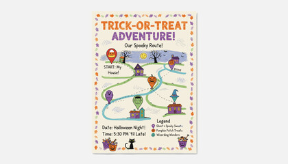 Colorful Halloween trickortreat adventure map showing a fun spooky route for candy collection