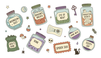Whimsical magical ingredients and potion elements for fantasy Halloween or witchcraft themes