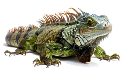 Obraz premium A vibrant iguana, displaying intricate scales and spiky crest, is presented against a plain white background.