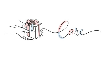 Hand giving a gift box with 'Care' text for thoughtful giving and meaningful connections