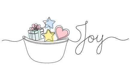 Bowl filled with gifts and stars featuring 'Joy' text for cheerful celebrations and special moments