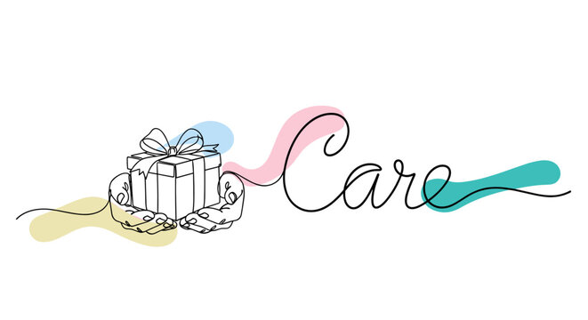 Minimalist gift box illustration with "Care" text