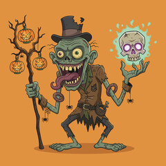 Cartoon zombie character with a glowing skull and jackolantern staff perfect for Halloween fun