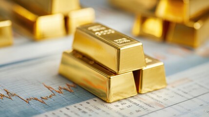 Gold bars are stacked on a detailed financial chart, highlighting investment strategy and market fluctuations. This captures the essence of commodity trading and economic analysis.