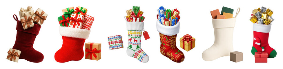 Christmas stocking set including various velvet, knit, and plush designs filled with gift boxes isolated. Holiday decor and festive celebration collection.