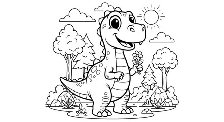 "Cute Dinosaur Holding a Flower in a Sunny Forest"