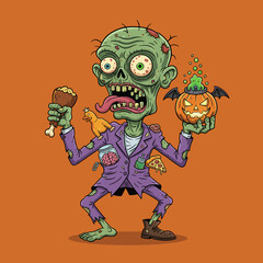 Hungry cartoon zombie holds a chicken leg and bubbling pumpkin ready for Halloween fun