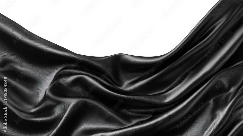 Poster black satin fabric is draped softly, creating gentle waves that enhance its luxurious texture and re