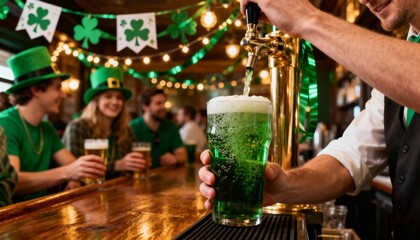 bartender pouring green beer in a busy pub decorated for St. Patrick’s Day, festive lights, realistic photography