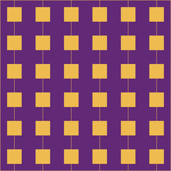 Small gold square shaped decorations hanging on thin gold threads, against a purple background