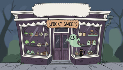 Whimsical Spooky Sweets bakery at night featuring a ghost black cat and Halloween treats