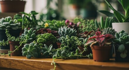 Assorted small potted succulent plants densely arranged on a wooden surface with blurred background
