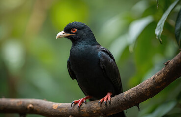 Obraz premium Close-up portrait of male Asian Koel bird perched on tree branch. Black plumage contrasts with bright orange eyes, red feet. Background green jungle, suggesting natural environment. Avian species