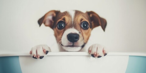 An adorable and inquisitive puppy is curiously exploring a charming, colorful blue bowl